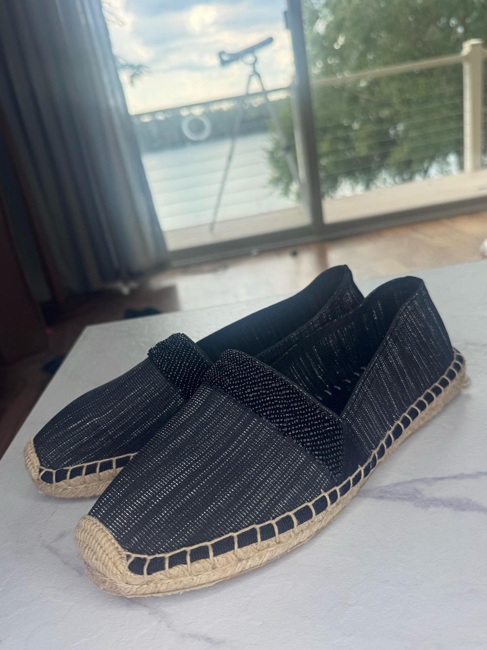 Dana Buchman Black Espadrille Slip On Flats w/ Natural Jute slides Woman’s 8.5
